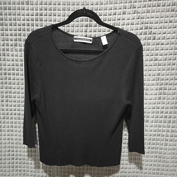 SOFT Black Silk Ribbed Sweater Top Lg 3/4 Sleeve Lightweight Stretch Capsule 90s - Picture 1 of 9